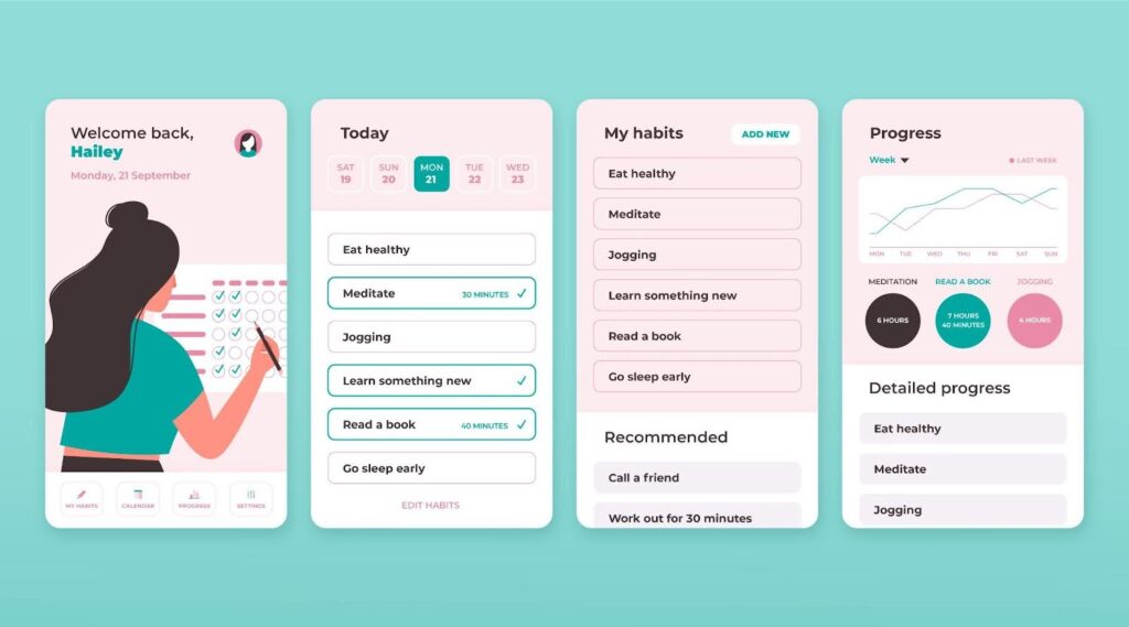 Mobile app interface for tracking habits and goals with checklists and progress charts, representing a modern daily planner app for productivity and routine building.