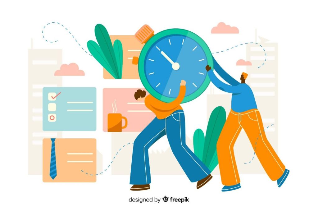 Illustration of two employees carrying a large stopwatch with background task icons and productivity elements, representing why time management is important for workplace efficiency.