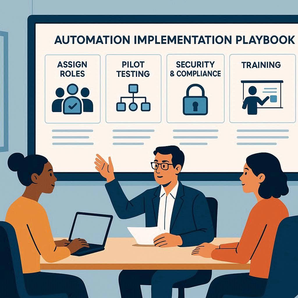 Team in a modern agency office reviewing a step-by-step automation implementation playbook with roles, security checks, training, and risk mitigation.