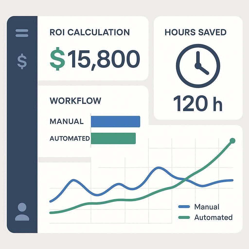 ROI calculator dashboard comparing automation vs manual workflows.
