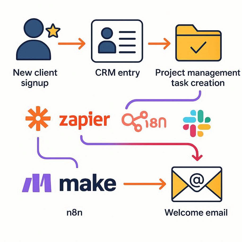 Illustration of a cross-platform automation workflow connecting CRM, project tools, Slack, and email.