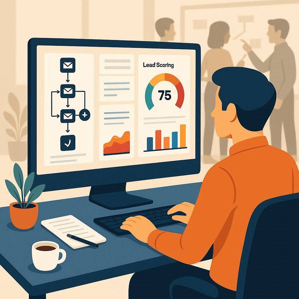 Marketing professional managing automated email campaigns and lead scoring dashboards.