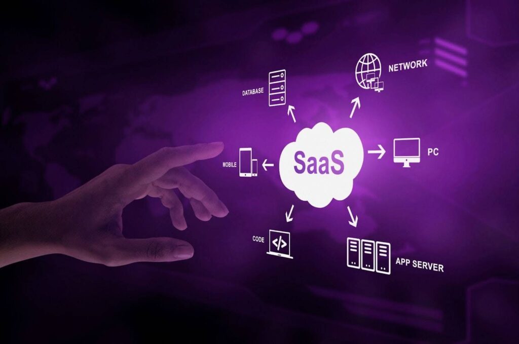 Illustration showing a hand reaching towards a SaaS cloud icon surrounded by icons representing database, network, PC, mobile, code, and app server, highlighting the benefits of cloud-based productivity suites.