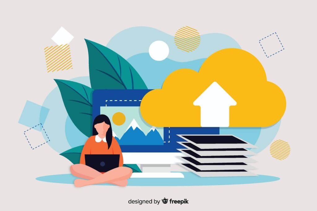 Flat design of a woman working on a laptop with cloud upload icons and files, representing easy data access and the advantages of cloud-based productivity suites for remote work.