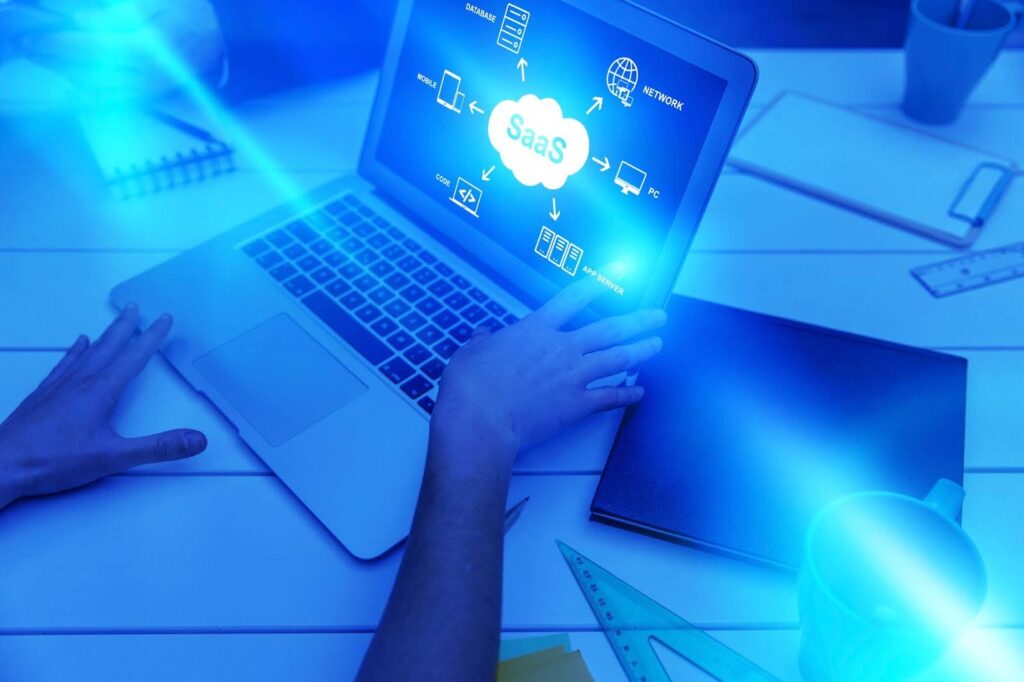 Cloud computing concept with icons representing cloud-based productivity suites and their benefits for future business growth.