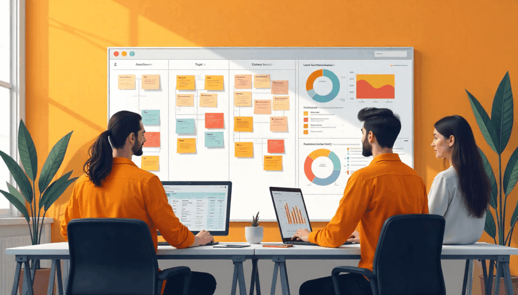 Team collaborating on a digital Kanban board showing tasks, timelines, and workflow for productivity tools and Asana alternatives.