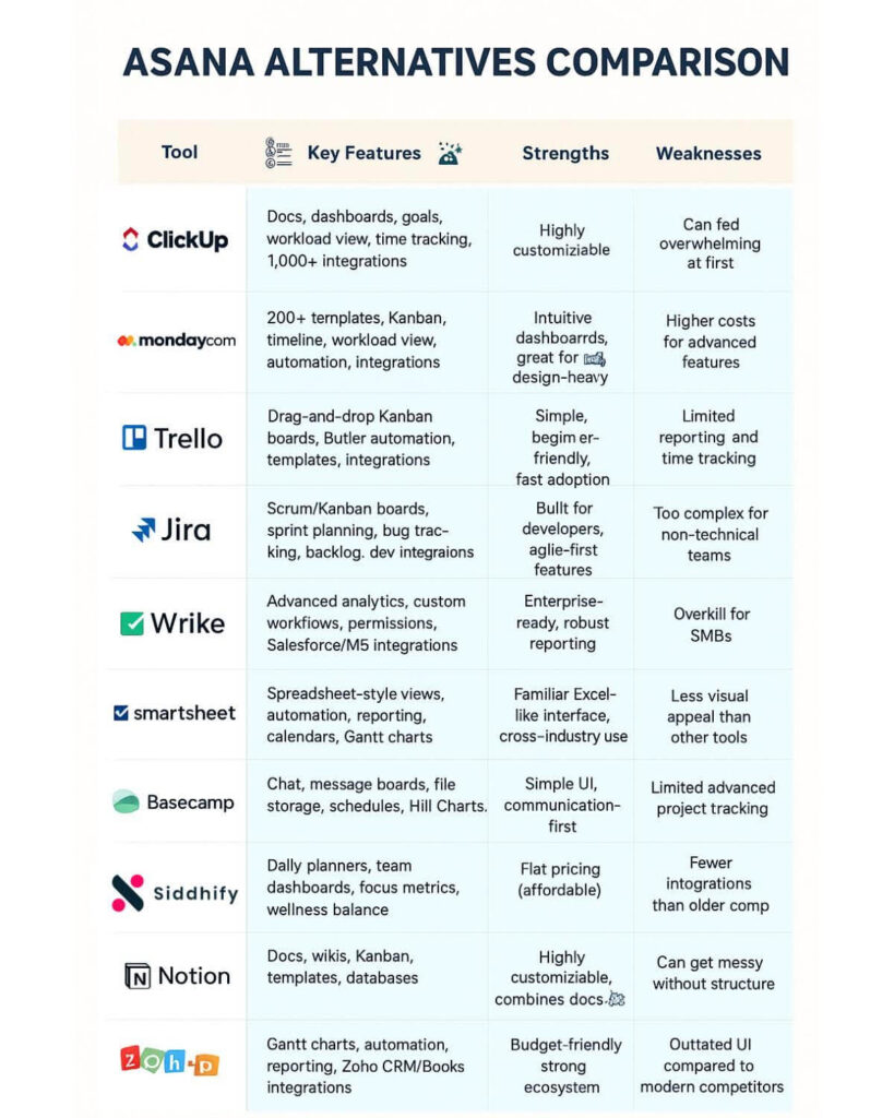 Feature and pricing comparison table of top Asana alternatives 2025, including ClickUp, monday.com, Trello, Jira, Wrike, Smartsheet, Basecamp, Siddhify, Notion, and Zoho Projects.