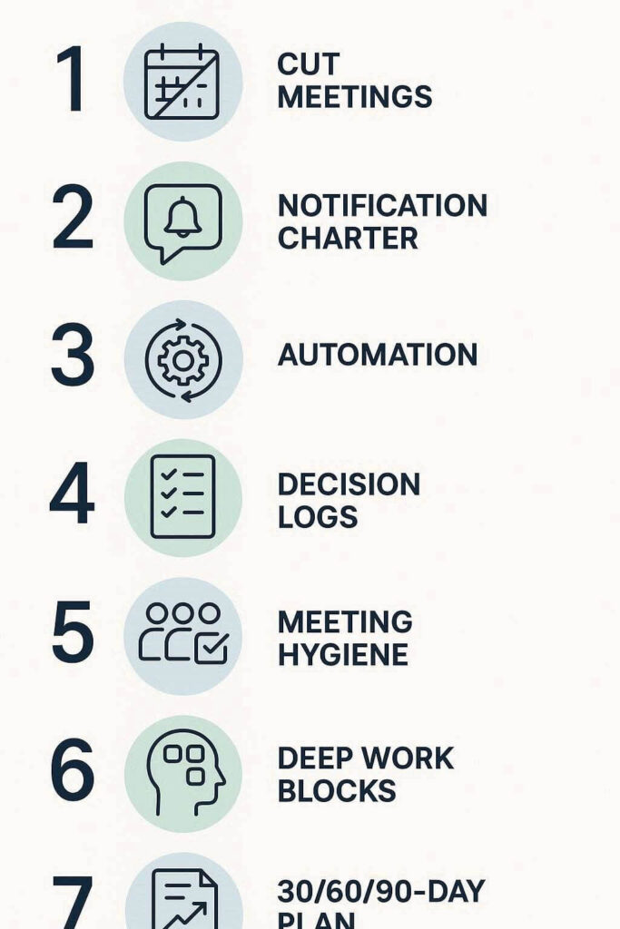 Infographic showing 7 steps from the Anti-Noise Playbook to reduce collaboration overload.