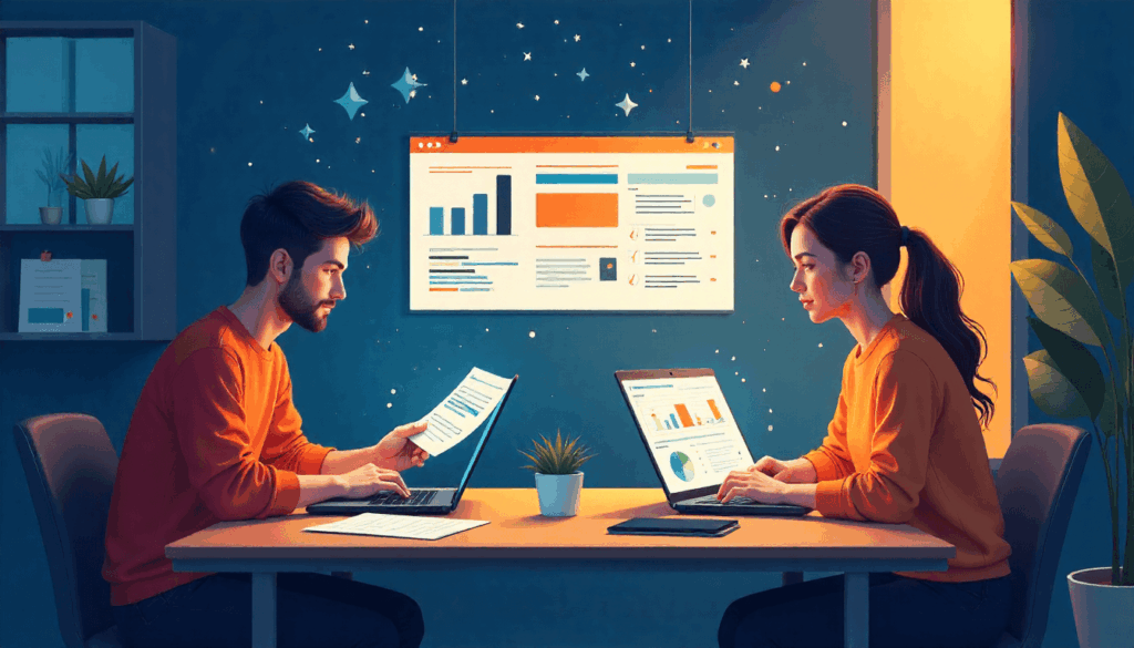 Illustration of GitLab async collaboration with remote developers working across time zones using shared handbooks and project boards.
