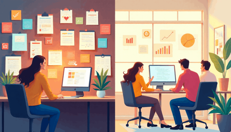 Before and after illustration of team collaboration overload vs. streamlined productivity.