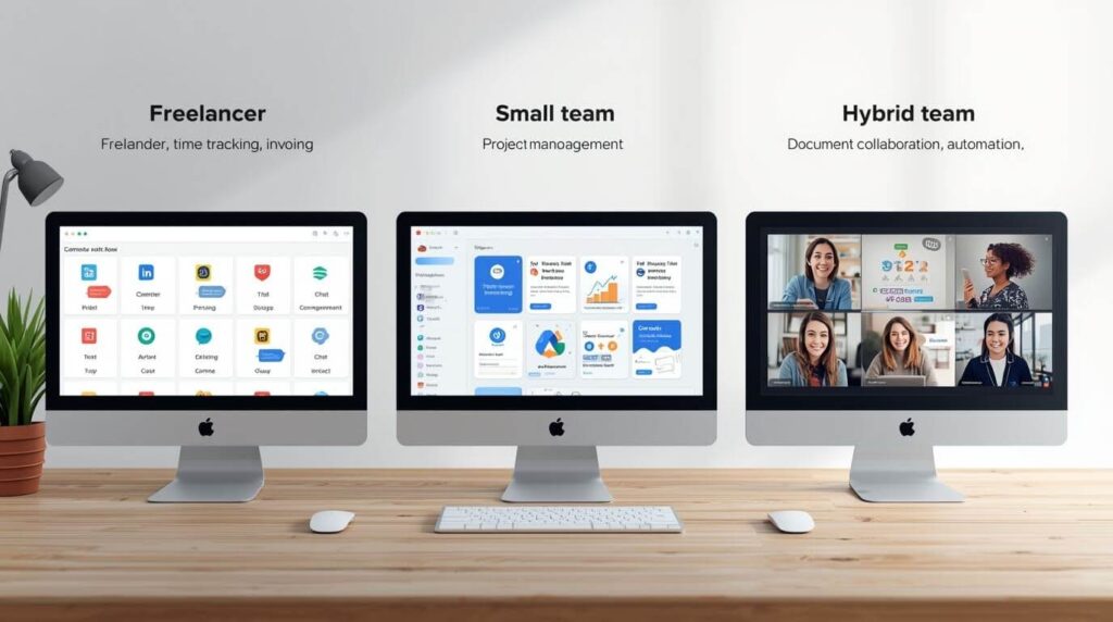 Photorealistic infographic showing three minimal remote work tool stacks for freelancers, small teams, and hybrid teams.