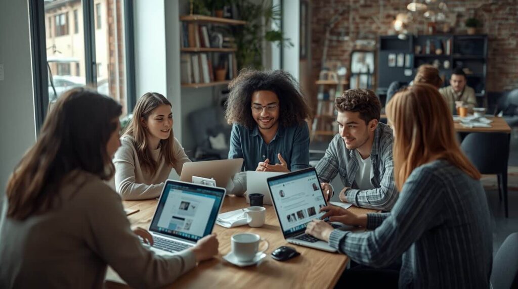 Small remote team collaborating around laptops and tablets, using productivity apps and video calls.