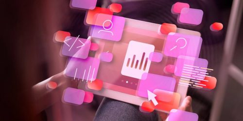 Futuristic image of a tablet with an AI task management app installed.